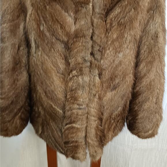 Abraham & Strauss Mink Fur Coat Sz Small BROWN Chevron Jacket Thick Boxy Formal - Picture 10 of 14